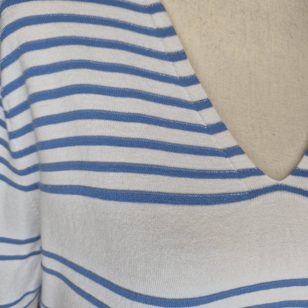 Lafayette 148 Sweater White Blue Striped V Neck Nautical Lightweight Womens Sz M - Picture 4 of 9